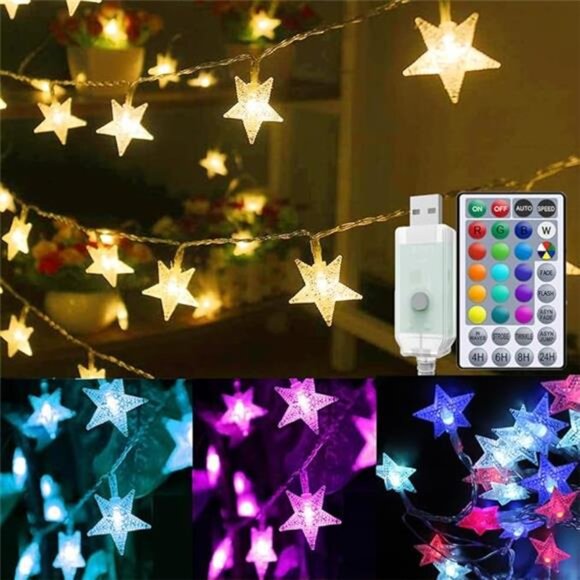 Color Changing Star String Lights 40ft 120 LED Fairy Lights USB Remote Bedroom - Picture 8 of 8